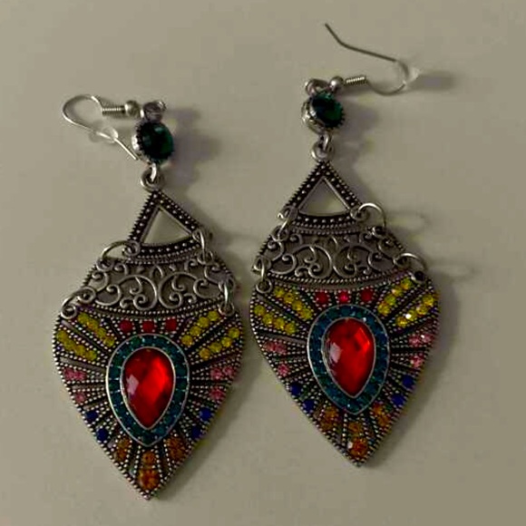 Boho Tibetan Teardrop Colorful Pendant Dangle Large Crystal Statement Earrings - Picture 6 of 7